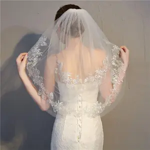 Ursumy Bride 2-Tier Short Waist Wedding Lace and Soft Tulle Veil with Comb (Ivory)