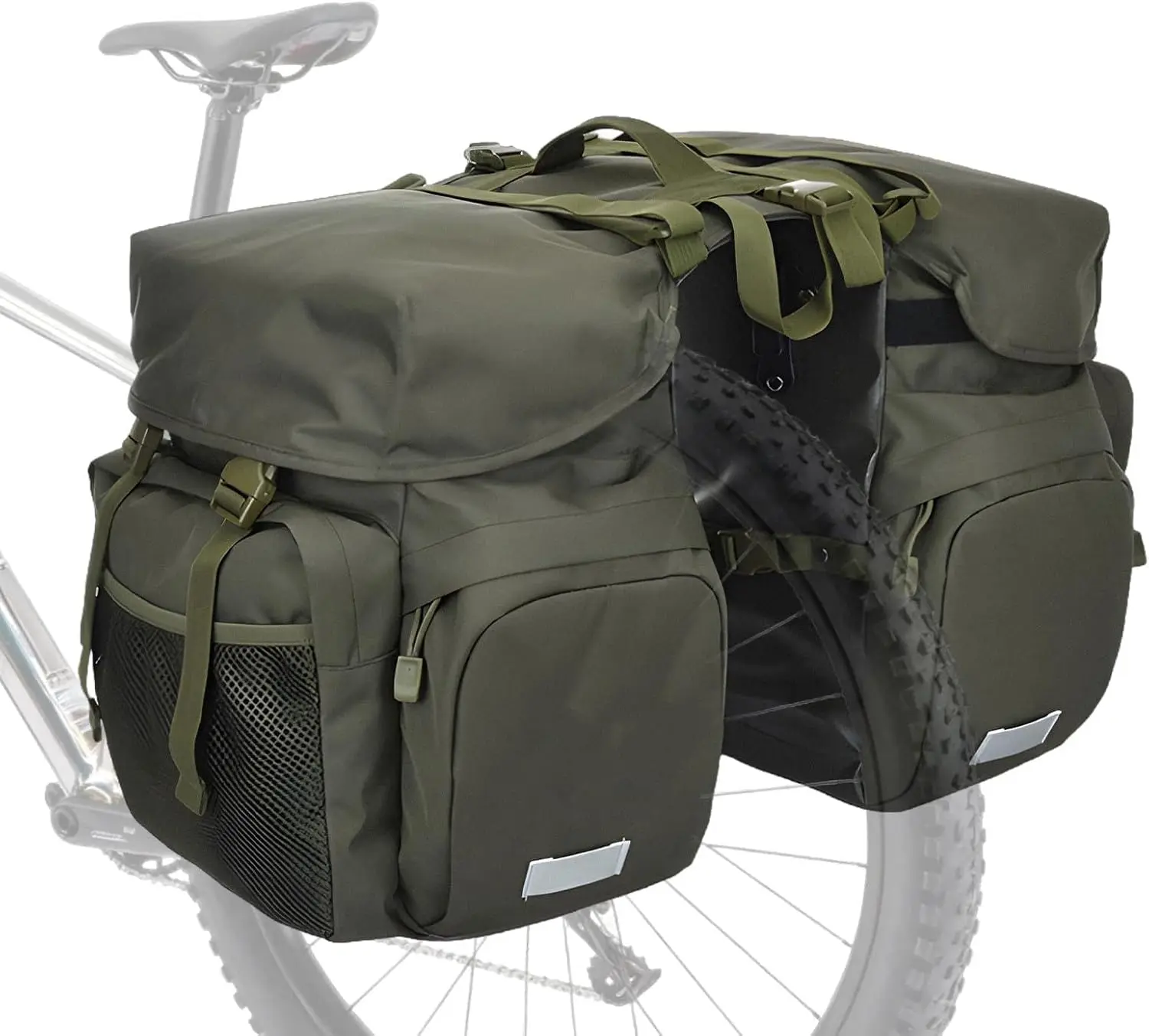 TGPao Large Saddle Bags for bike,Waterproof 50L Panier bag for Bicycles/MTB/E-Bike,Bike Trunk Bag With Reflective Stripes (Army green,50L)