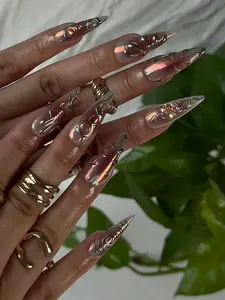 Futuristic Press On Nails/Handmade 3D Metallic Long Stiletto Nails with Iridescent Gel/Glue on Nails for Music Festivals，Holiday
