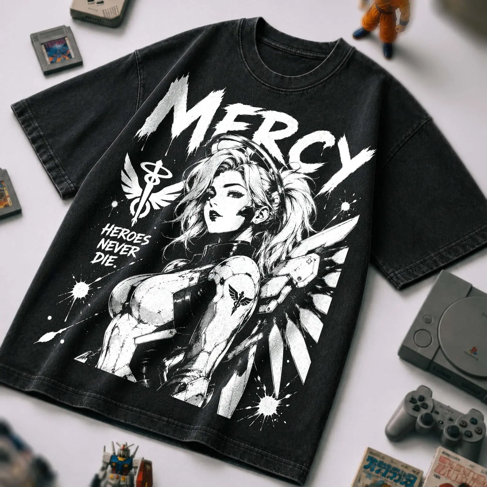 Bleached Overwatch Mercy Heroes Never Die Shirt, Vintage Washed Support Hero Graphic Tee, Gamer Hoodie Sweatshirt, Unisex Gift.