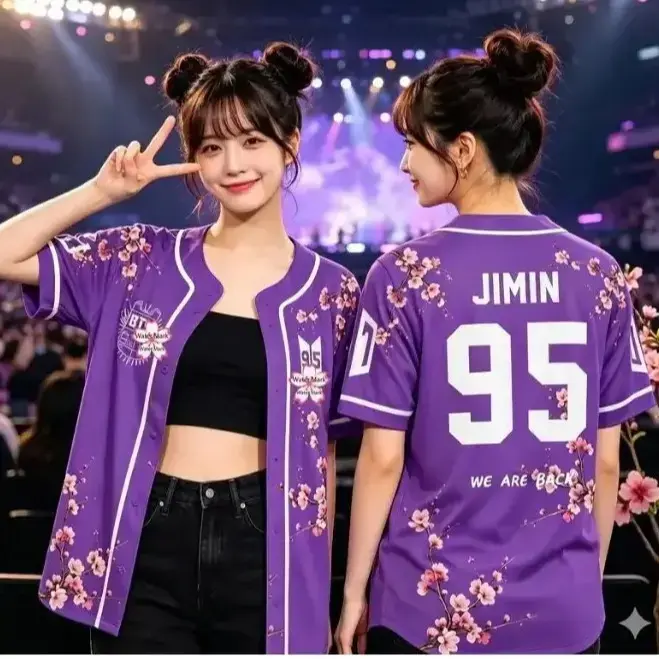 Unisex Purple Cherry Blossom Baseball Jersey We Are Back Graphic Button Down Shirt Short Sleeve KPop Fan Concert Apparel Summer Tops