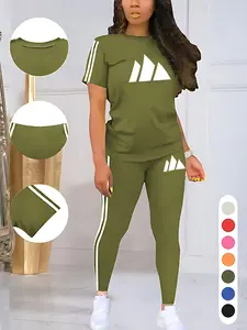 Women's Casual Letter Print Sporty Round Neck Drawstring Short Sleeve Top and Long Pants Two-Piece Set, Fitted Style, Athleisure Activewear Set