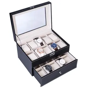Watch Organizer With Lid Dual Layers Watch Box Organizer 20 Men Women Display Storage Case Metal Hinge Black PU Leather Glass Top Large Holder for Bedroom