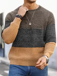 Men's Autumn Winter Casual Knit Pullover Sweater Long Sleeve, Colorblock Hemp Texture Design, Fashionable Layering Choice for Leisure Occasions