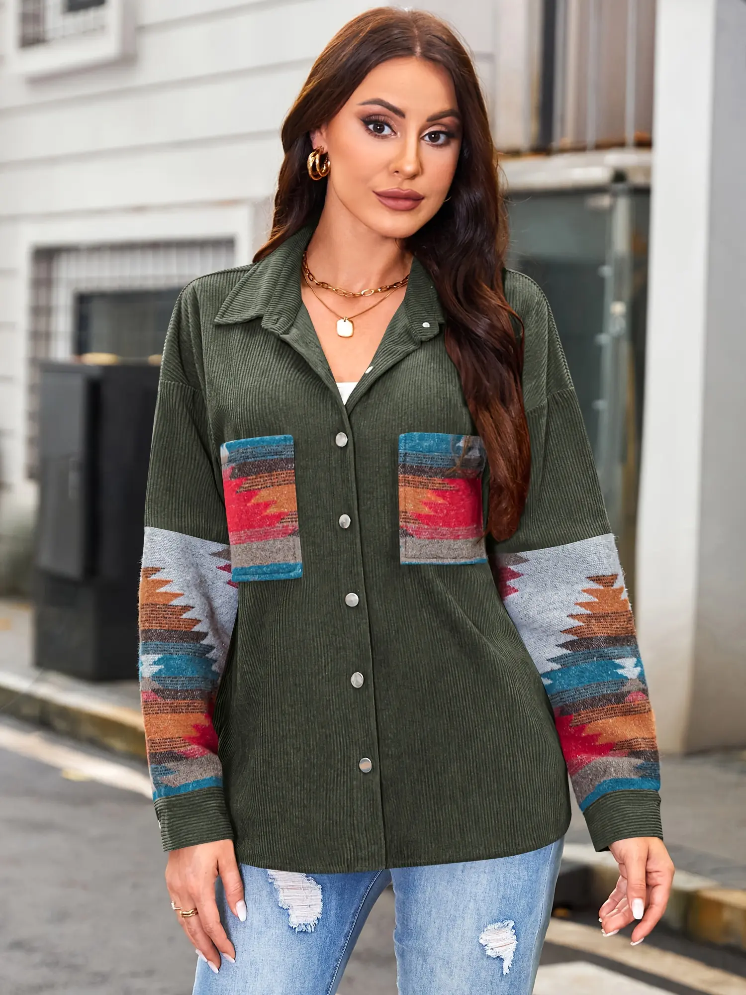 ZAFUL Women's Vintage Ethnic Print Woven Polyester Jacket - Casual Loose-Fit Bohemian Collared Neck Outerwear with Buttons, Dry Clean Option
