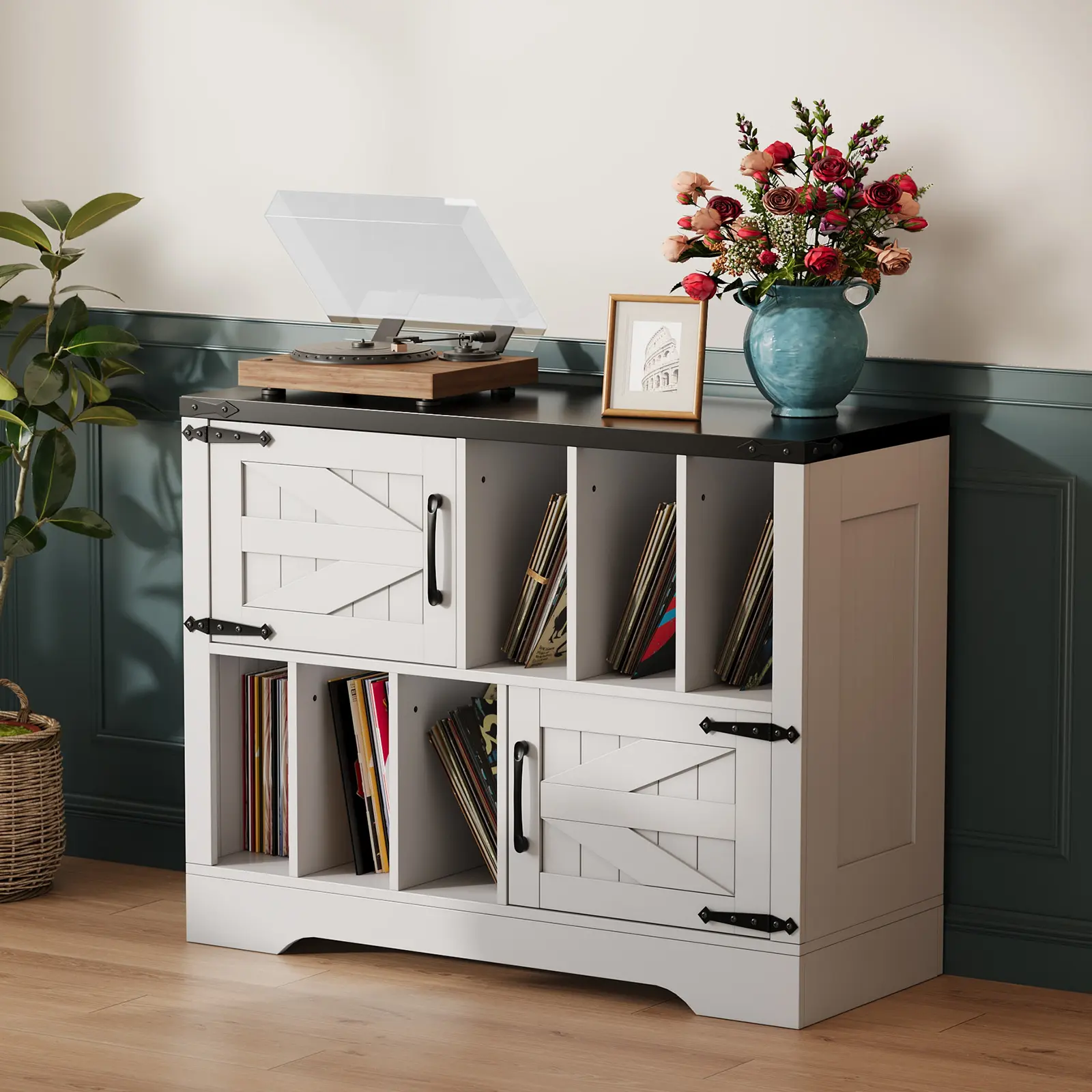 Farmhouse Record Player Stand with Sliding Barn Door White Vinyl Record Storage Cabinet Holds Turntable Media Console Table with 6 Storage Cubes Entertainment Center Bookshelf Coffee Bar Cabinet for Living Room