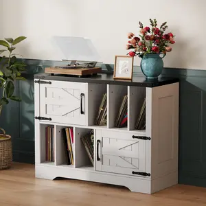 Farmhouse Record Player Stand with Sliding Barn Door White Vinyl Record Storage Cabinet Holds Turntable Media Console Table with 6 Storage Cubes Entertainment Center Bookshelf Coffee Bar Cabinet for Living Room