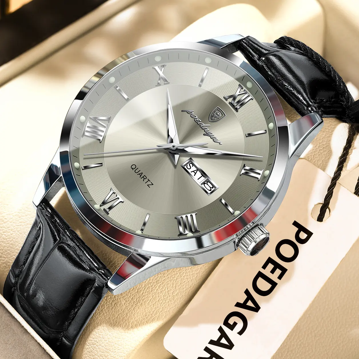 POEDAGAR Men's Fashion Leather Casual Round Dial Glow-in-the-Dark Quartz Watch - Waterproof Analog Wristwatch for Business & Casual Wear, Round Dial Watch, Glow-In-The-Dark Quartz Watches
