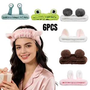 6Pcs Fuzzy Animal Ear Headbands, Soft Coral Fleece Cat Ear Hair Bands, Cute Bow Design Spa Hairbands, Comfortable Skincare & Makeup Hair Accessories for Women Girls, Perfect for Face Washing, Daily Use and Holiday Gifts