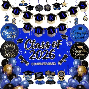 Graduation Decorations Class of 2026 Grad Party Supplies Set with Congrats Grad Blue Backdrop Banner Hanging Swirls Foil Latex Balloons Graduation Cap Centerpieces Party Blue Black Gold 40pcs