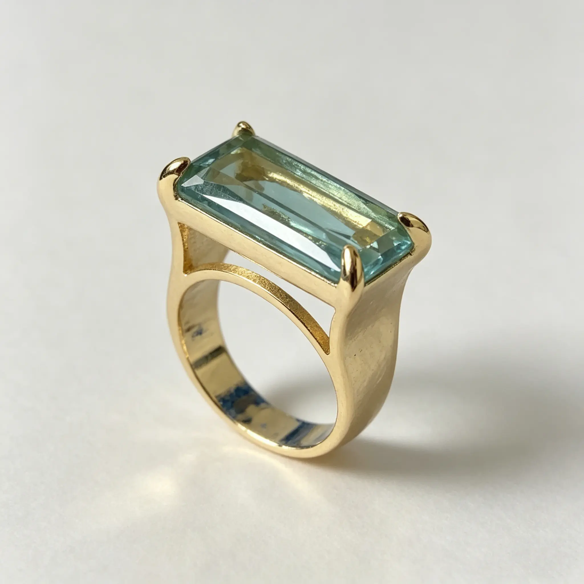 Vintage-Inspired Gold-Plated Copper Wide Openwork Ring - Rectangular-Cut Light Aqua Synthetic Zirconia, Affordable Fashion Costume Jewelry Accessory