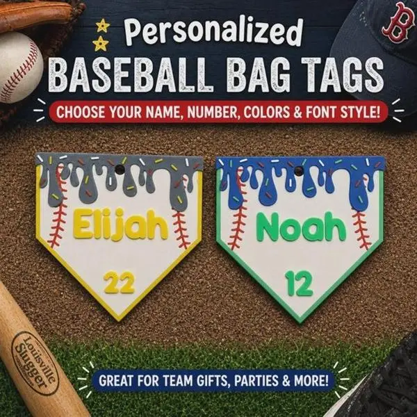 Personalized Baseball Home Plate Drip Bag Tag w/ Clip & Ring | Custom Name Keychain | Team Gift, Bat Bag Tag