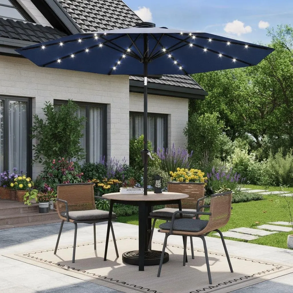 Garvee Upgraded 9FT Solar Garden Parasol with 32 LED Lights – UV Protection, Waterproof, Crank & Tilt Function, 8 Sturdy Ribs – Outdoor Patio Parasol for Garden, Pool, Balcony