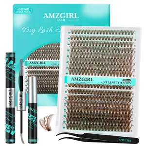 AMZGIRL Brown Lash Clusters Kit 320Pcs 40D+50D DIY Individual Lashes Extension Kit Gray Lash Bond and Seal Lash Remover for Eyelashes Extensions Lash Applicator for Eyelash Cluster Kit at Home(D-Mix9-16mm)