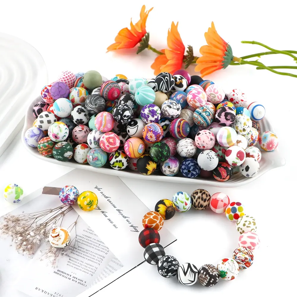 30/50/100pcs 15mm Random Mix silicone Printed Beads Round Beads For Jewelry Making DIY Necklace Bracelet Keychain Accessories Diy Jewelry Decoration Diy Beading Accessories Diy Craft Embellishments Beads For Crafts