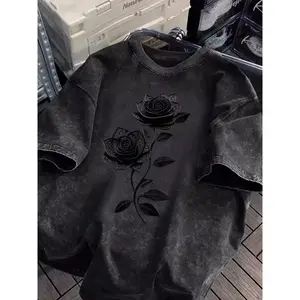 Cotton Short Sleeve Long T-Shirt, Floral Rose Flower Print Design, Loose Fit, Breathable, Street Casual Style, Perfect for Daily, Streetwear Fashion, Top