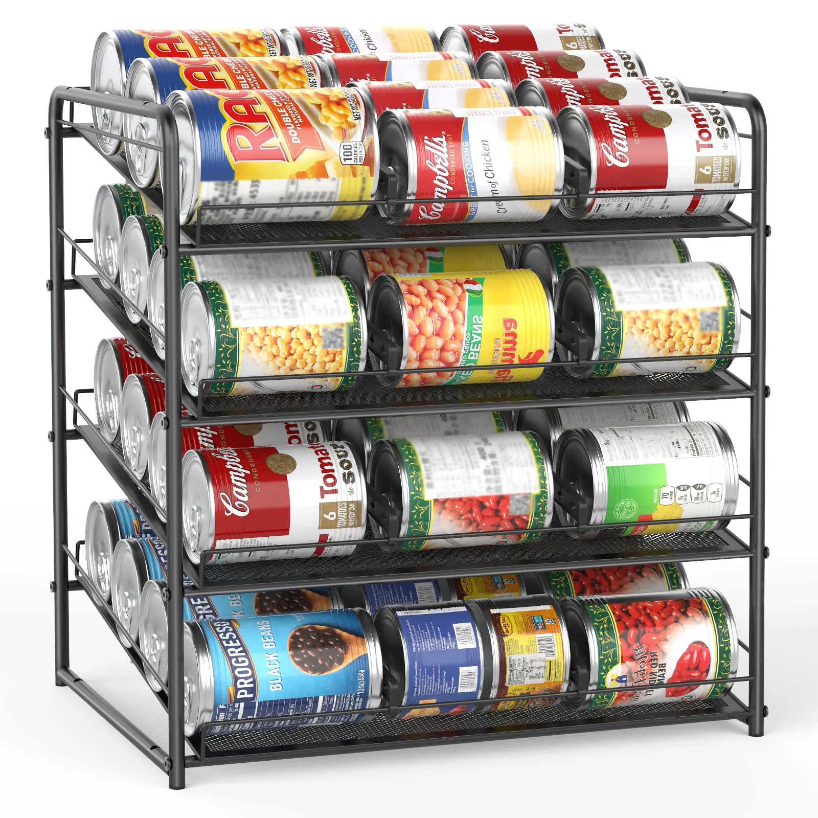 4-Tier Metal Can Organizer Rack for Pantry Cabinet, Adjustable Dividers, Slanted Rolling Design Storage Dispenser for Kitchen Countertop Cans, Jars, Bottles