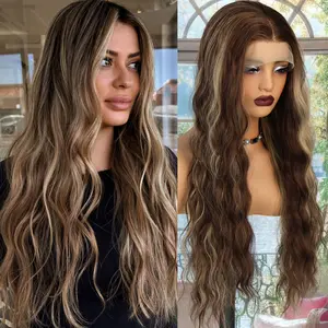 Aodbar hairs Darker Highlights Brunettes Balayage Long Curly Hair Lace Frontal Wig Heat Resistant Fiber Hair for Women Long Curly Hair Glueless Wig 13*3 HD Transparent Lace Frontal Wig