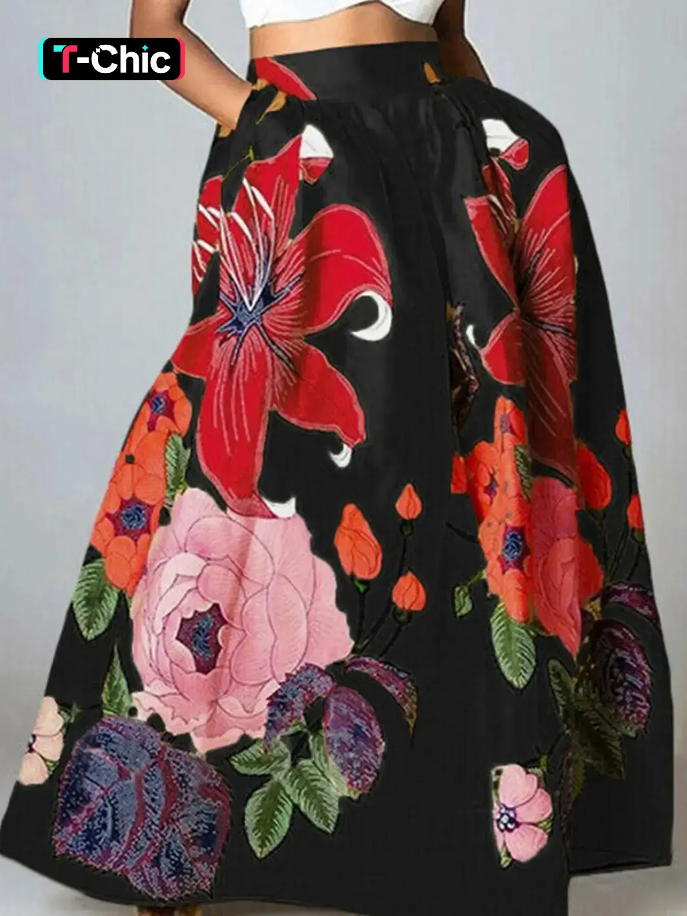 Women's Bohemian floral loose Elastic skirt with a large skirt - suitable for vacation gatherings - suitable for all seasons as bottoms