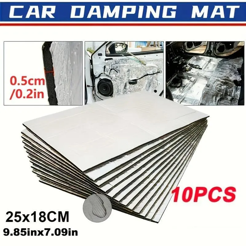 10pcs Heavy Duty Car Sound Deadening Mats, Car Accessory, 9.85"x7.09", 5mm Thick, Fireproof Foam with Aluminum Coating for Noise Reduction, Vibration Absorption, and Thermal Insulation, Ideal for Cars, Motorhomes & Commercial Vehicles, Truck Accessories