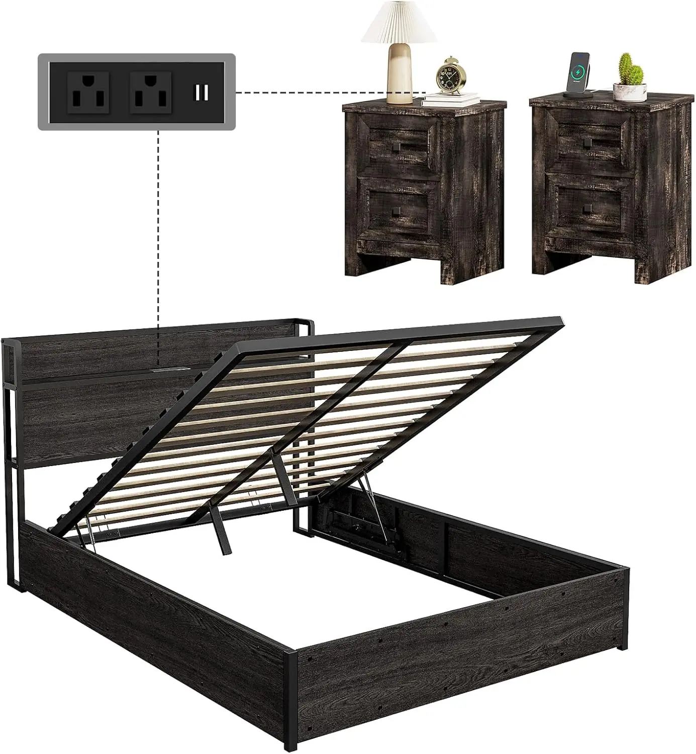 VanAcc 3 Pieces Unique Bedroom Furniture Sets, Includes Lift Up Storage Bed with Storage Headboard & Charging Station, 2 Drawers Farmhouse Nightstand Set of 2 with Charging Station