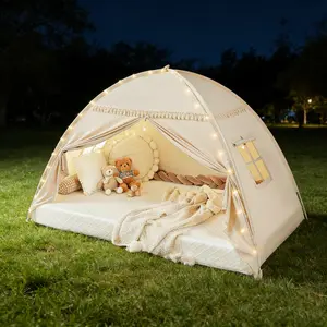 Kids Twin Size Bed Tent with Lights & Flags Portable Foldable Indoor & Outdoor Playhouse Privacy Tent for Boys & Girls Camping Essentials Beach Blanket