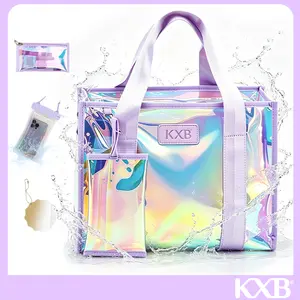 Summervibes KXB Women's Jelly Iridescent Waterproof Beach Tote Bag, Swimming Pool Handbag with Makeup Bag, DIY Board and Waterproof Phone Pouch. Summer Must-Have, Ideal for Easter Basket, Music Festival, Concert, Beach, Daily Commute & Vacation