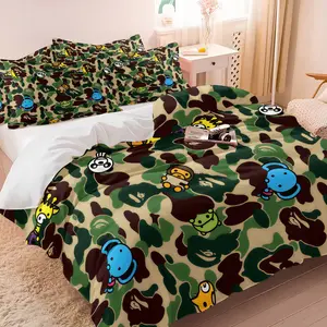 BAPE Camouflage Cartoon Duvet Cover Set & 1-2 Pillowcases No Core, Bedroom Bedding Set, Green Brown ABC Camo with BABY MILO, Ape Head, Blue Shark, Three-Eyed Alien, Soft Comfortable Streetwear Bedroom Decor Gift for Fans