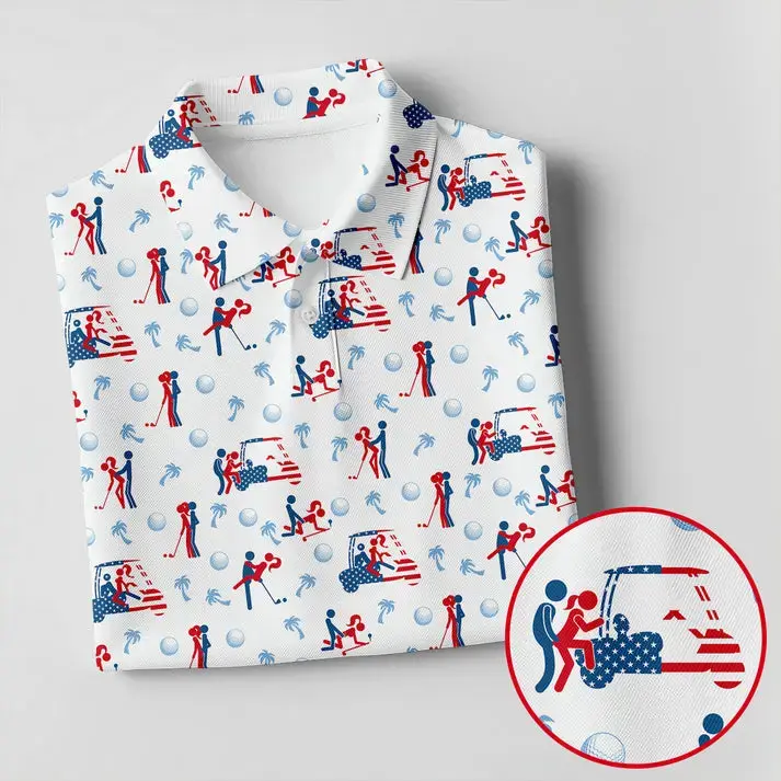 Patriotic USA Flag Golf Cart Novelty Golf Polo Shirt - Men's White Red Blue Short Sleeve Graphic Polo, Funny Adult Humor Golf Gift for Men