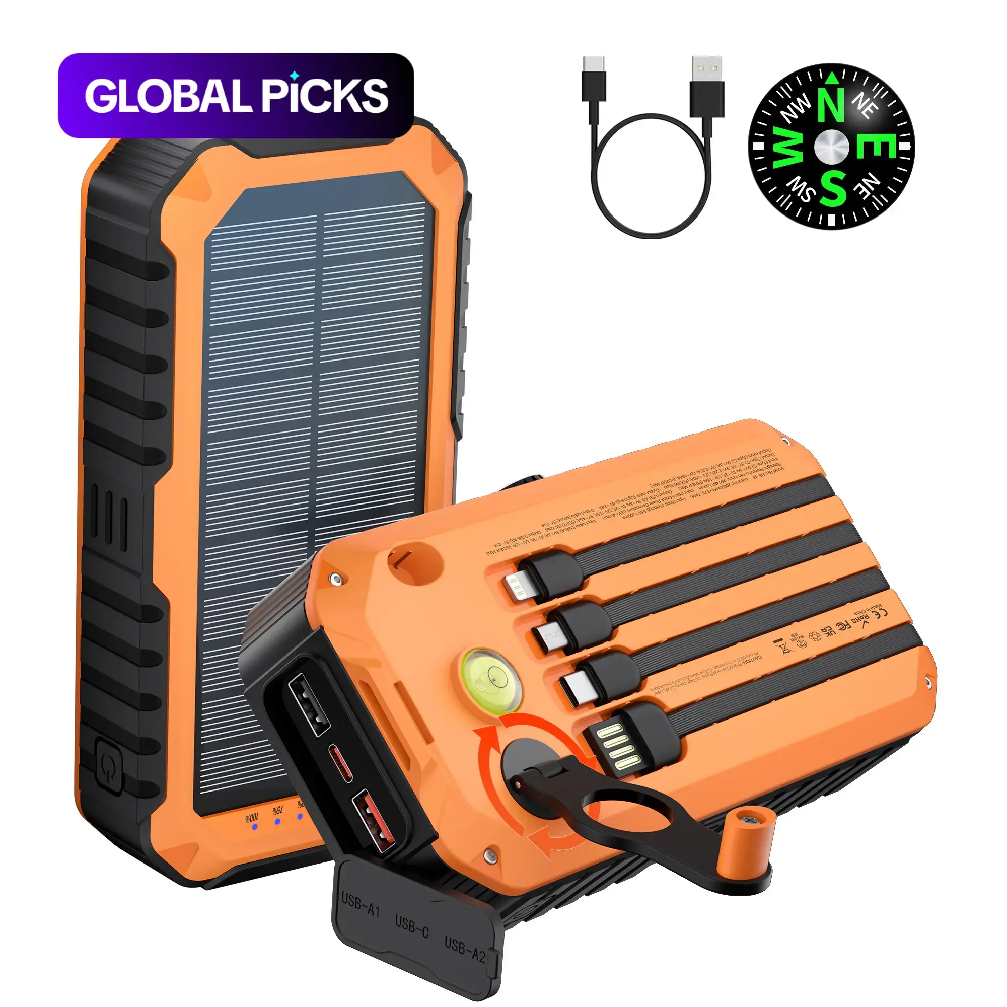20000mAh Solar-Powered Hand-Crank Portable Power Bank, Battery Pack, 1 Count with 4 Built-In Cables, Type-C Input/Output, Compass Function, SCP 22.5W + PD 20W Fast Charging, Built-In Bright Flashlight, Solar Power Bank Portable Charger