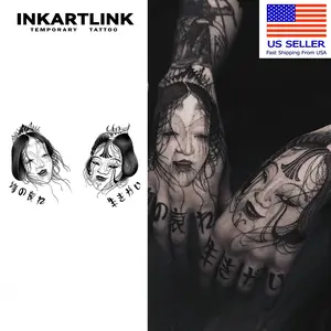 INKARTLINK Tattoo Tech, 2 Sheets Extra Large Semi Permanent Tattoo, Adult Art Design Temporary Tattoos, Lasts 1-2 Weeks, Waterproof, Realistic Look, No Adhesive, No Reflection (Japanese White Faced Ghost)