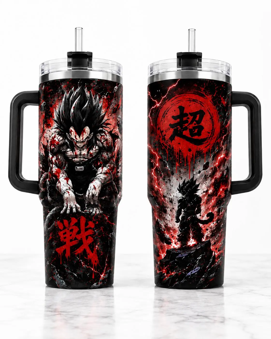 Battle Vegetaa 40oz Tumbler With Handle - Anime Travel Mug - Vintage Manga Stainless Steel Cup - Gift for Anime Fans