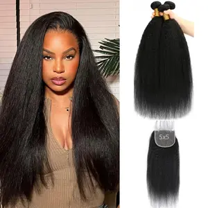 VIPbeauty Yaki Straight Bundles with Closure Yaki Kinky Straight Human Hair 3 Bundles with 5x5 Lace Closure Unprocessed Brazilian Virgin Human Hair Weave Extensions Natural Color