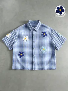 Unisex Embroidered Floral Chenille Gingham Plaid Short Sleeve Shirt | Y2K Cute Preppy Casual Cropped Button Down Top