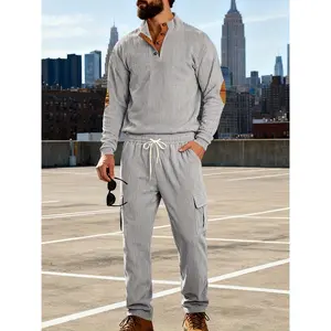 Men'S Gray Corduroy Sweatshirt & Cargo Pants Set - Vintage Henley Shirt with Patch, Regular Fit, Button-Up, Non-Stretch Fabric, Perfect for Spring/Fall Outdoor Casual Workwear, Casual Workwear | Vintage Style | Buttonup Shirt
