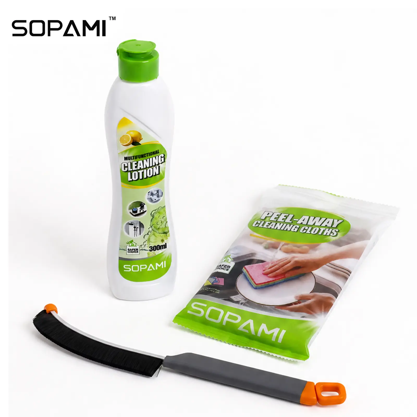 SOPAMI 300ml Gentle Stain Remover Cleaning Lotion Home Care Supply - Lemon Scented, Non-Abrasive, Skin-Friendly, Streak-Free - with Cleaning Towel & Gap Brush for All Surfaces, Steel, Kitchen, Car Interior Cleaning, Household