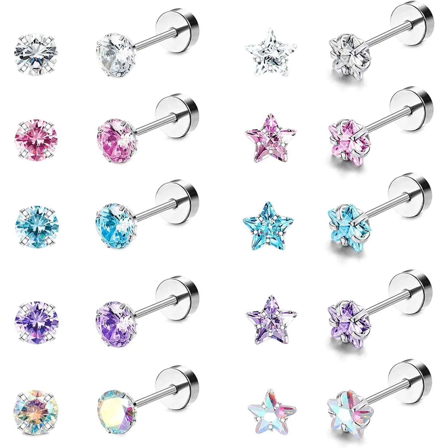 FUNRUN 10 Pairs 18G Stainless Steel Flat Back Stud Earrings Set | Nap-Safe Screw Back Cartilage Piercing Jewelry | Colorful Round & Star AAA+ CZ Studs for Sensitive Ears | Mix & Match Ear Stack Pack