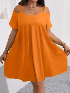 Plus Size Women's Lady Short Sleeve Summer Shoulder Cut Out Fitted Casual Midi Dress, Womenswear, Comfortable Fabric, Perfect for Bridesmaids, Vacation, Travel