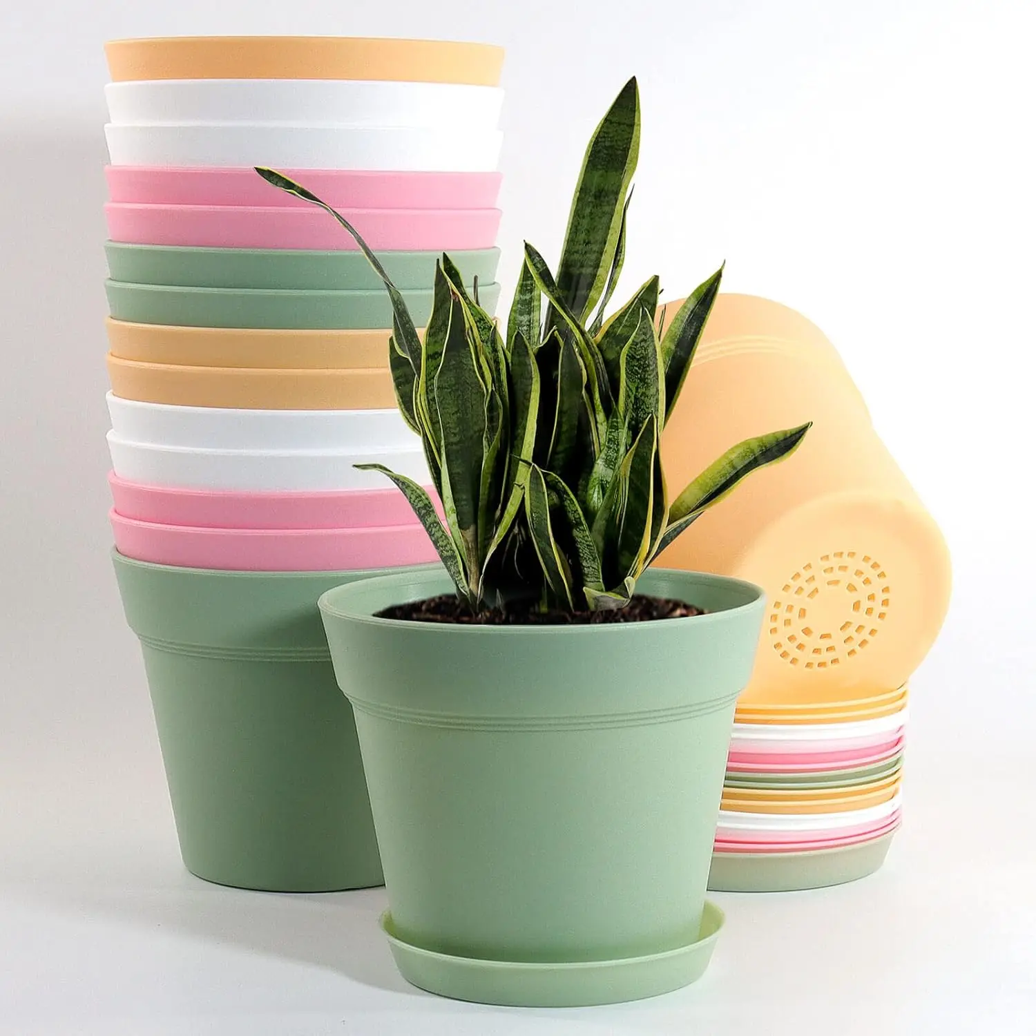 16 Pack 6 in Plastic Flower Pots & Planters for Indoor Gardening, Durable Heavy-Duty Stylish Pots with Drainage Holes, 16 Count Saucers, Colorful Design, 16 Pack Saucers, 6 Inch