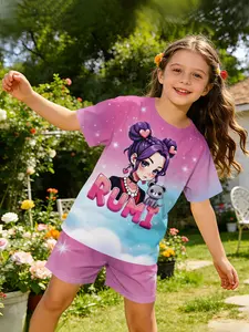 RUMI Purple-Haired Girl Set Digital Print Outfit, Sweet and Cute Casual Wear, T-Shirt and Shorts Set Suitable for Daily and Outdoor Sports, Perfect Gift for Girls