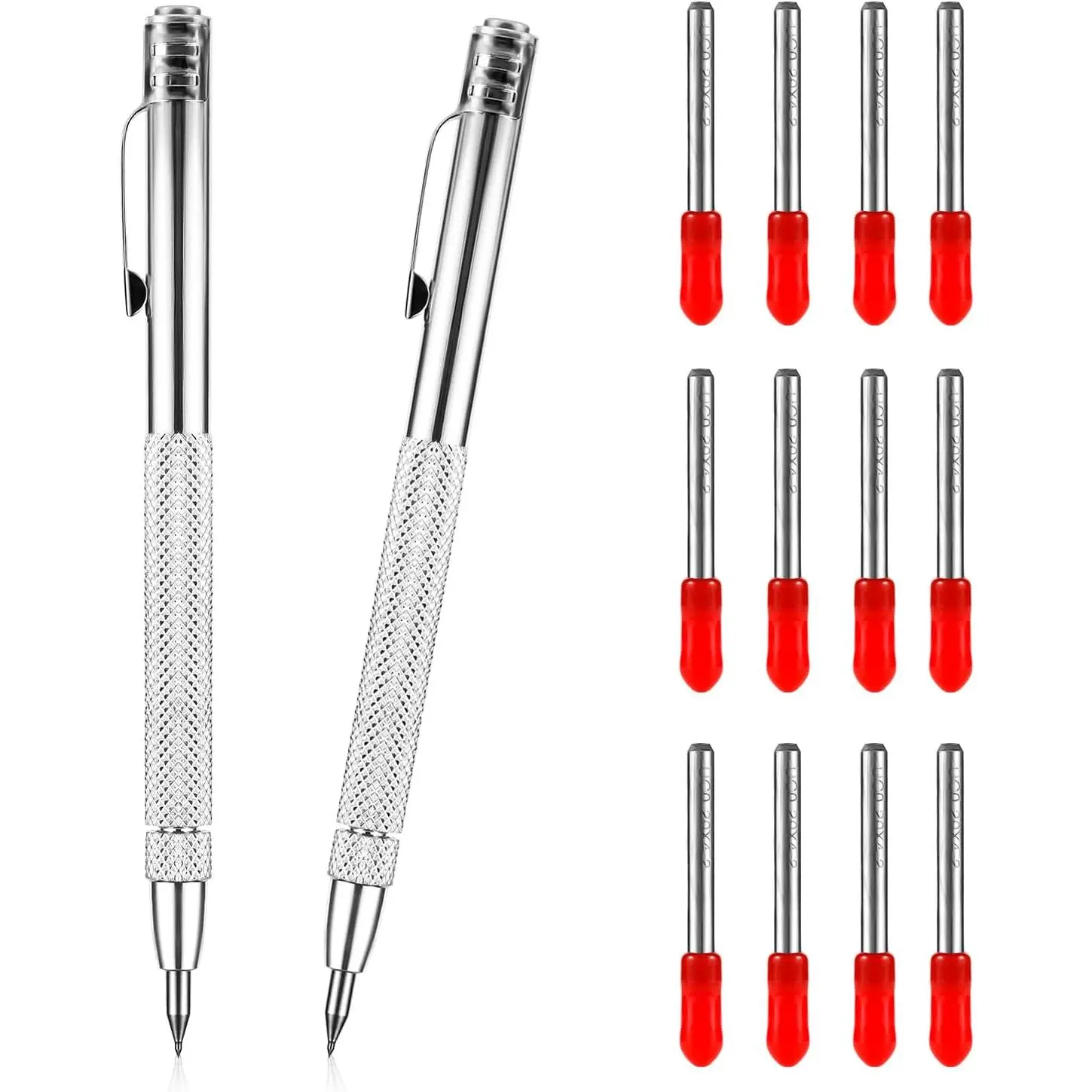 Aluminum-Tungsten Carbide Metal Scribe Tool Set (2-Piece) - Magnetic Scribe Pen with 12 x Replacement Red Hat Marking Tips for Glass, Metal Sheet Work