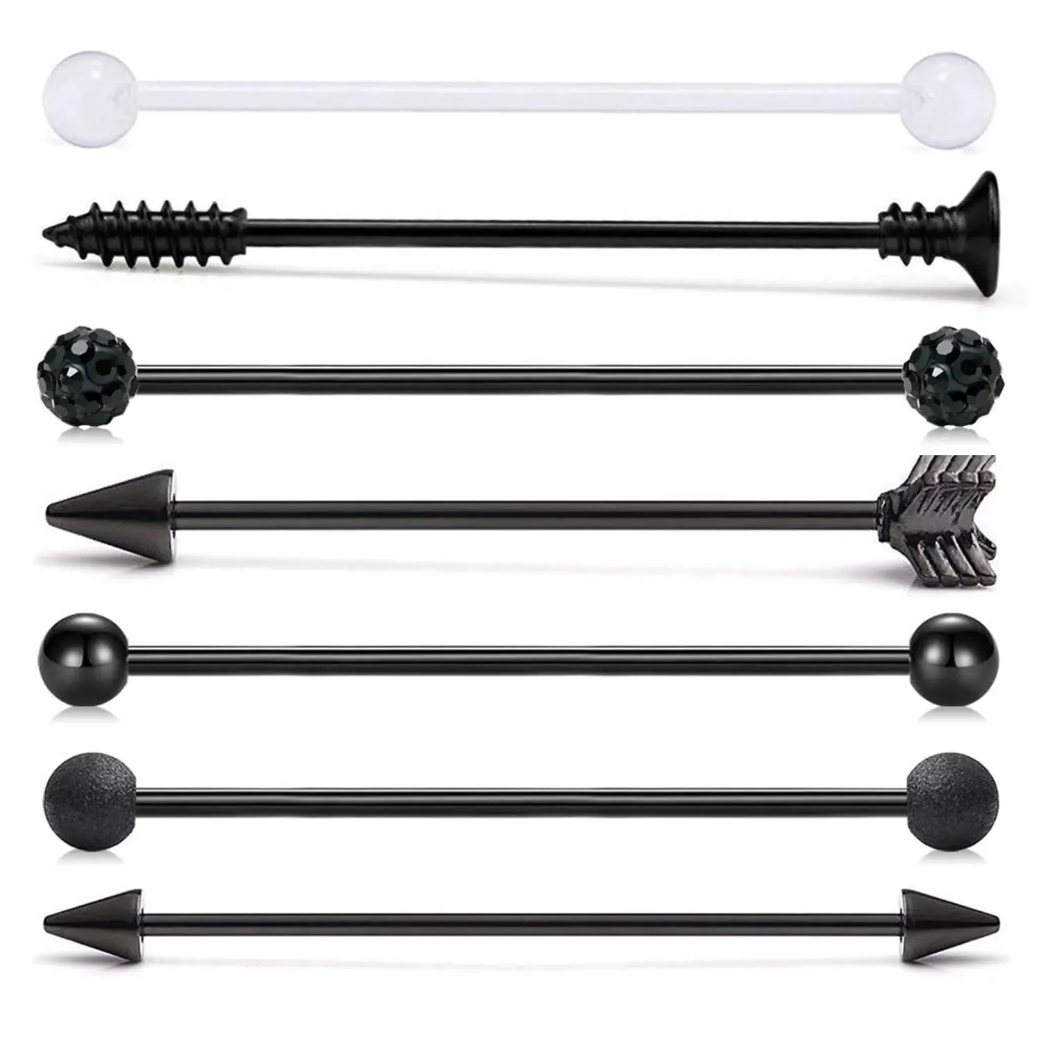 OIDEA 14G Small Gauge 38mm 316L Hypoallergenic Surgical Steel Industrial Cartilage Barbell Earring Set - 7PCS Cubic Zirconia Rhinestone Style Barbell Piercing Jewelry, Body-Safe Non-Tarnish Fashion Accessory, Barbell Style Piercing Jewelry