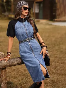 Women's Patchwork Blue Denim Dress, Womenswear Short Sleeve Front Zipper Midi Jeans Skirt, Stylish Casual for Everyday Wear Summer Casual Denim Dresses
