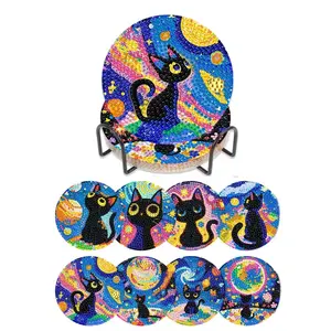 8 pieces/set of diamond painted coaster set with cat pattern coaster (with holder) - DIY diamond art craft kit for home decoration beginners, diamond craft supplies, artificial diamond art craft supplies gifts, Diamond Painting Coasters