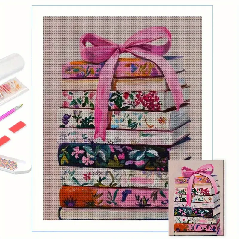 5D DIY Diamond Painting Kit, DIY Kits, Stacked Books with Ribbon Bow, Round Drill Acrylic 30cmx40cm/11.8inx15.7in, Frameless Artist Home Wall Decor, Gift for Relatives, Friends, Classmates' Birthday, Holiday, Anniversary, Handicraft, Handmade Gifts