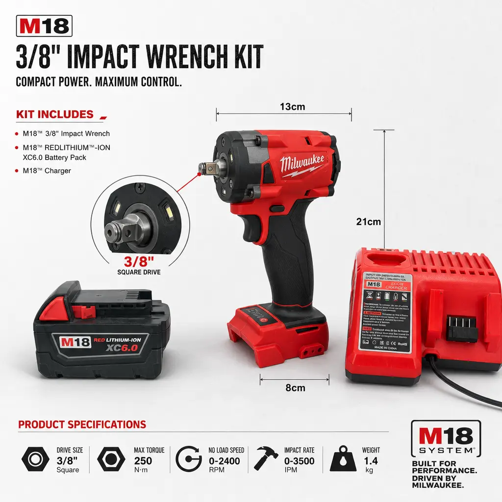 Milwaukee M18 3/8" Cordless Impact Wrench Kit – 300Nm Torque, Brushless Motor, 2800RPM/3200IPM, Includes XC6.0 Battery + Charger, Ideal for Industrial Maintenance & Construction Bolting,ratchet,,electric,variable,speed,trigger,profession,hea,compact,tools