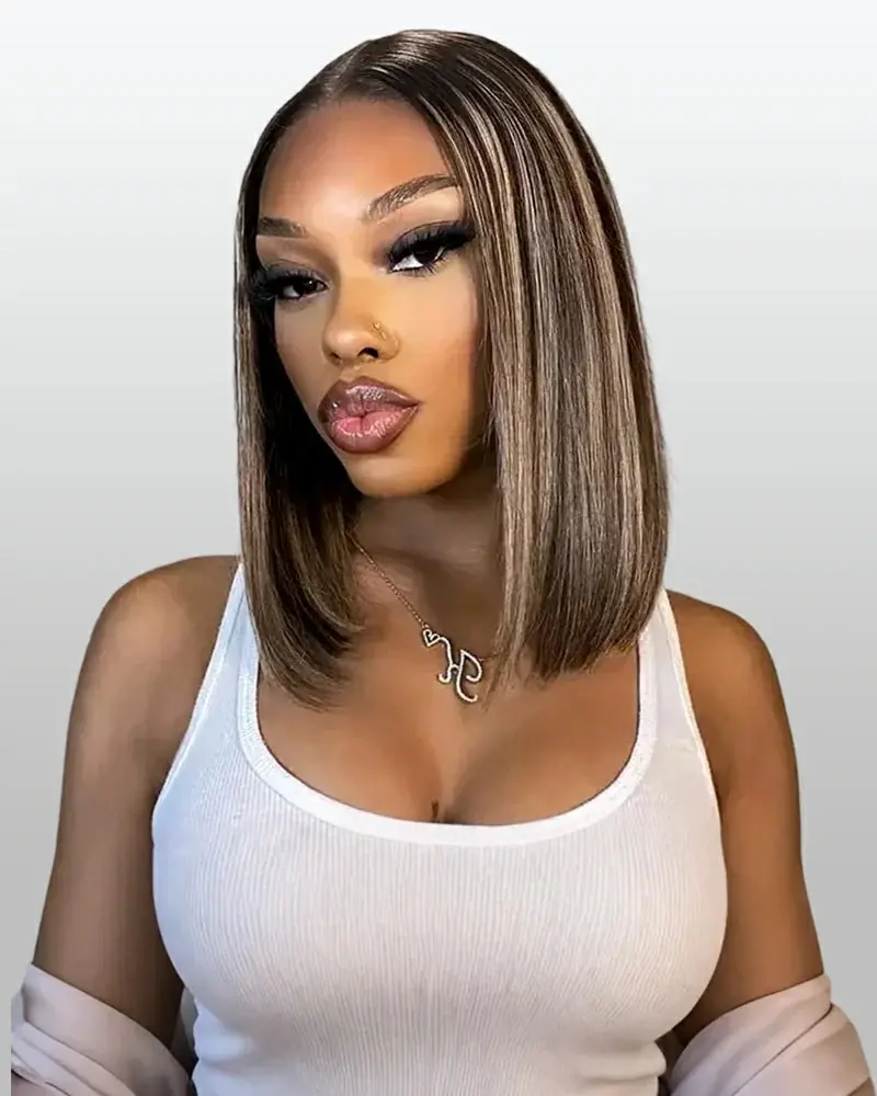 Arabella Old Money Bob Wig Ear to Ear 13x6 Three-Go Glueless Wig With Drawstring Silky Straight Platinum Blonde Balayage Highlights 100% Human Hair Beginner-friendly