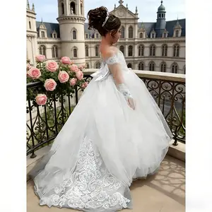 Girls' 9/16 Sleeve Puff Sleeve Princess Dress with Big Bow, Elegant Long Tulle Wedding Dress for, 12 & Under, A-Line Silhouette,, Dry Clean Only, Perfect for Performances & Special Occasions