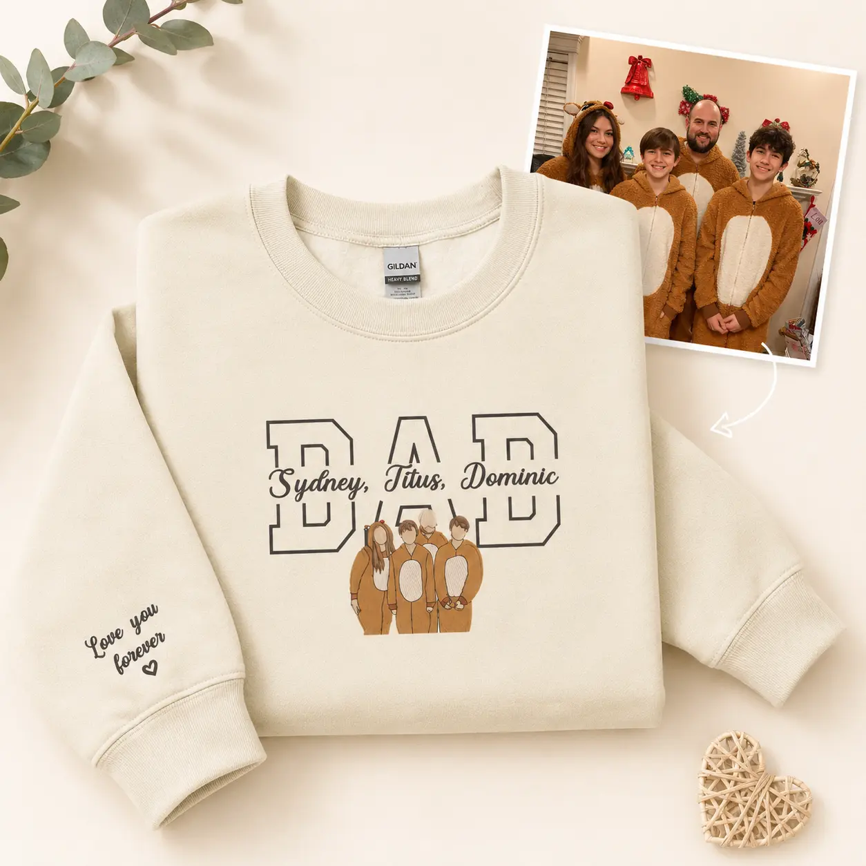 Custom Embroidered Dad Hoodie with Kids Names on Sleeve, Embroidered Portrait Shirt Family, First Father's Day Gift, Varsity Papa Crewneck Sweatshirt, Girl for Dad Daddy, Grandpa