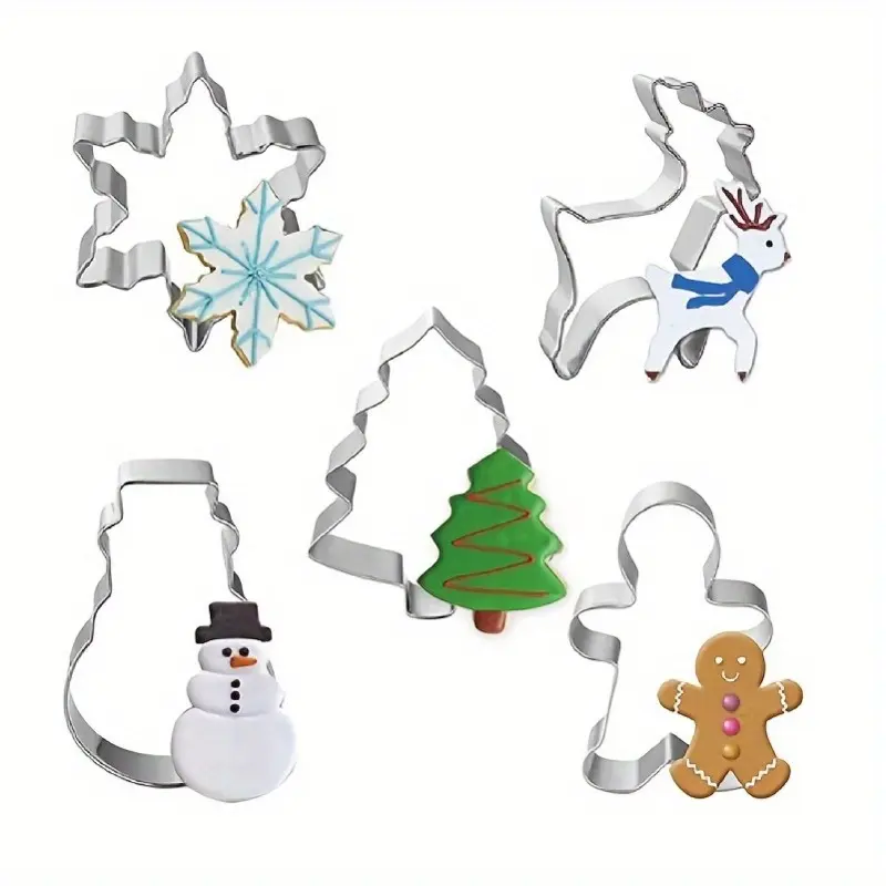 5pcs Christmas Cookie Molds, Christmas Tree, Snowflake, Snowman, Reindeer Shaped Baking Mold